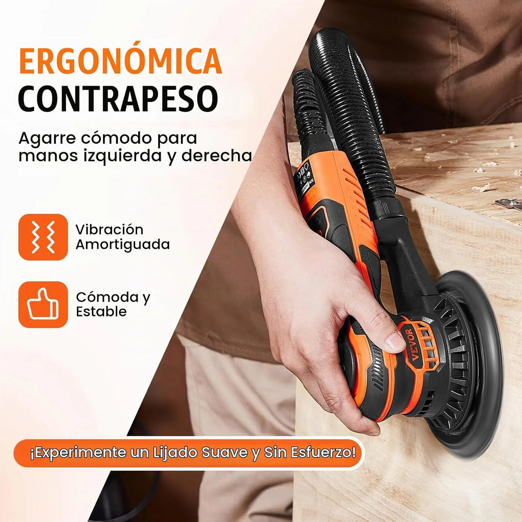 VEVOR Lijadora Orbital Aleatoria sin Escobillas de 350 W, 10 000 PRM y 6 Velocidades con 10 Papeles de Lija, Conector para Polvo y Manguera para Lijado de Detalles de Carpintería, 255 x 150 x 110 mm