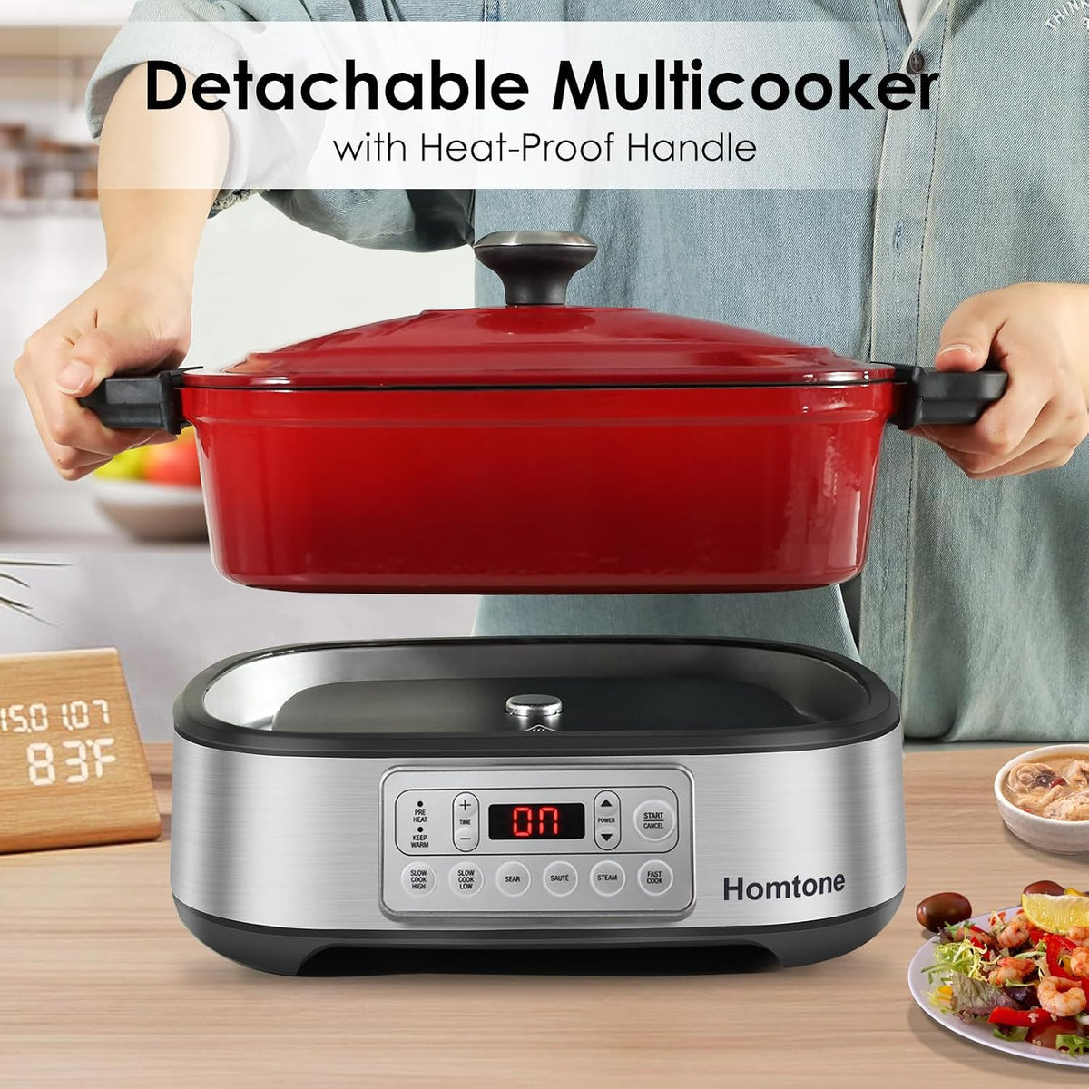 Homtone Cacerola 6 en 1 Slow Cooker, 5,5 l, programable, esmaltada extraíble, revestimiento de cerámica, cocción lenta, dora, cocción al vapor con rejilla de vapor, color rojo