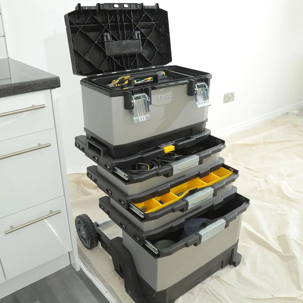 STANLEY FATMAX Taller Móvil Metálico, Carro de Herramientas, Caja Versátil para Piezas Pequeñas y Grandes, Ruedas 17cm, Cierres Metálicos Antioxidantes, 1-95-622