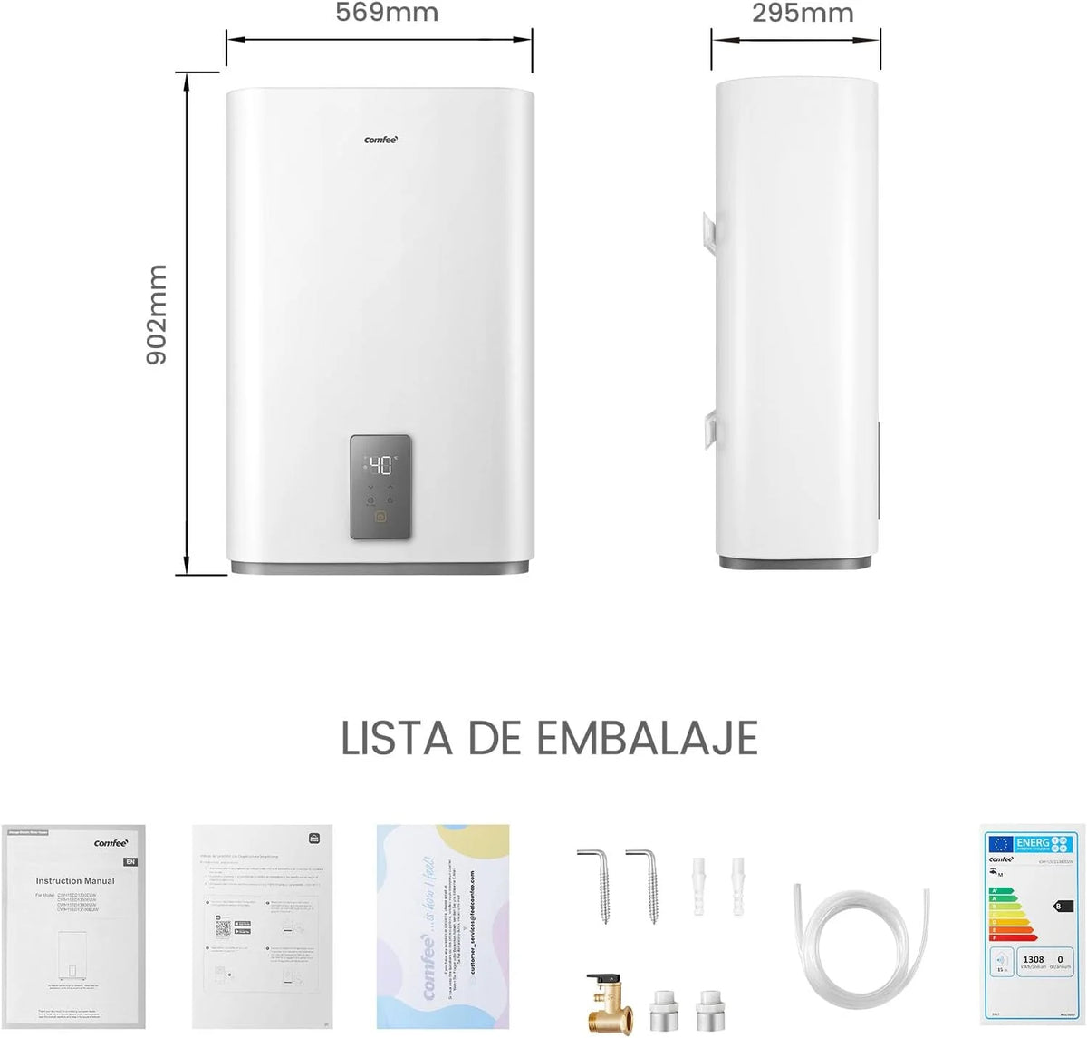 COMFEE ' CWH15ED1380EUW Electric Water Heater, Double Tank, 74L
