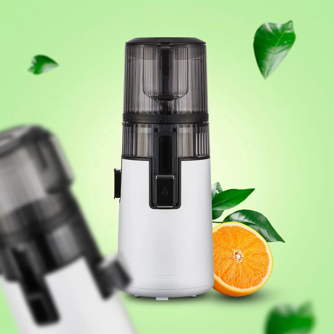 HUROM Extractor de Zumos y Verduras H70 de Alta Capacidad, Licuadora Prensado en Frío con Cámara Easy Clean, Entrada Amplia, Motor Silencioso, Control de Pulpa, Blanco