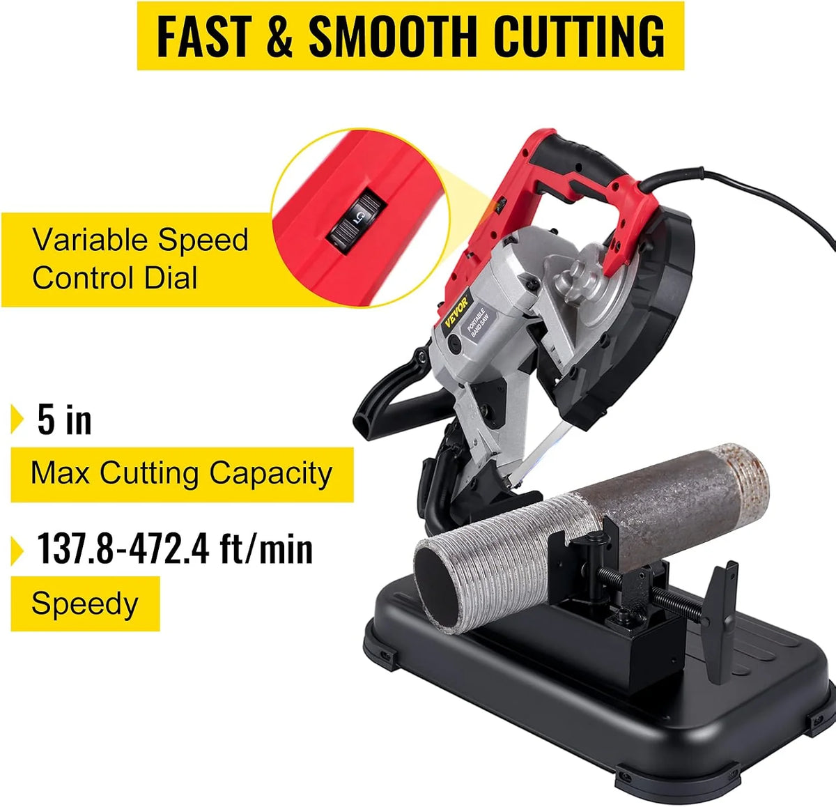 VEVOR Sierra de Cinta de Metal 1100W Base 0 – 45° Sierra de Cinta Profesional Tamaño Corte 12,7 cm 137,8-472,4 Pies/min Sierras de Cinta de Corte para Metal, Acero, Aluminio y Cable Compuesto