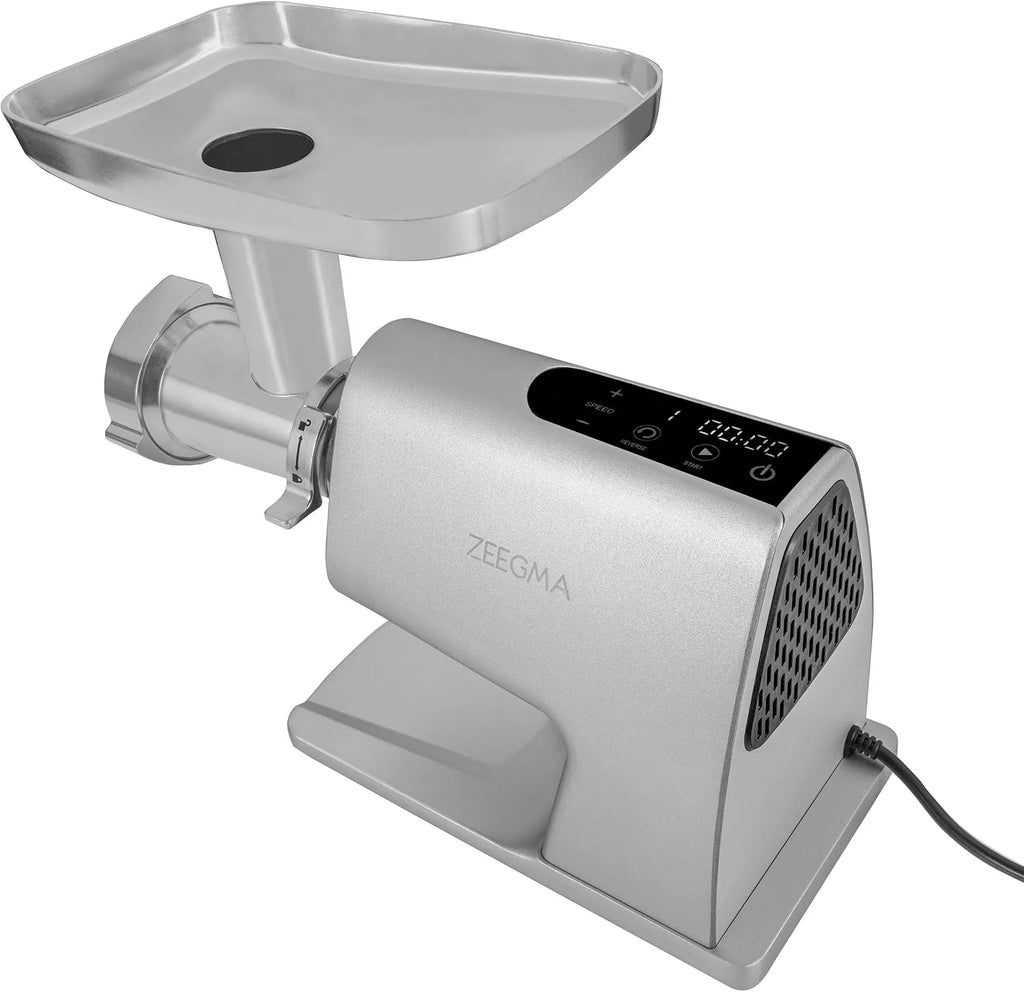 ZEEGMA MOLEN MASTER Máquina Eléctrica para Moler Carne, Potencia de 2500 W, 3 Discos de Acero Inoxidable, Accesorio para Embutidos, Rallador, Función Reversa, Pantalla Táctil