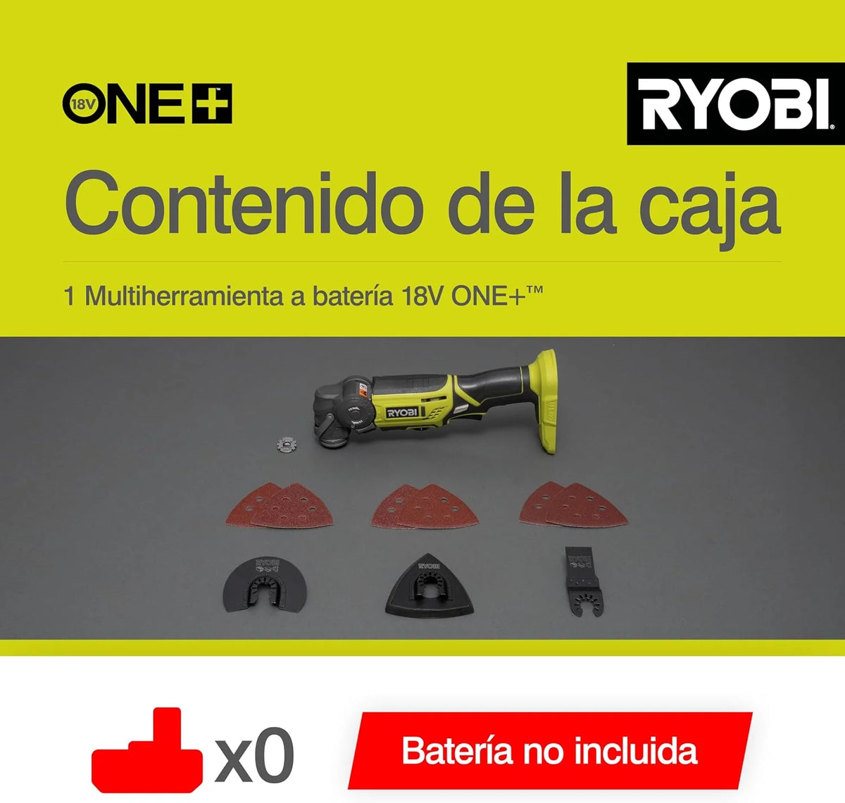RYOBI - Multiherramienta 18V ONE+ - Herramienta Multiuso Ideal para Cortar Todo Tipo de Materiales y Lijar en Lugares Estrechos - Se Entrega con Accesorios (sin Batería y Cargador) - R18MT-0