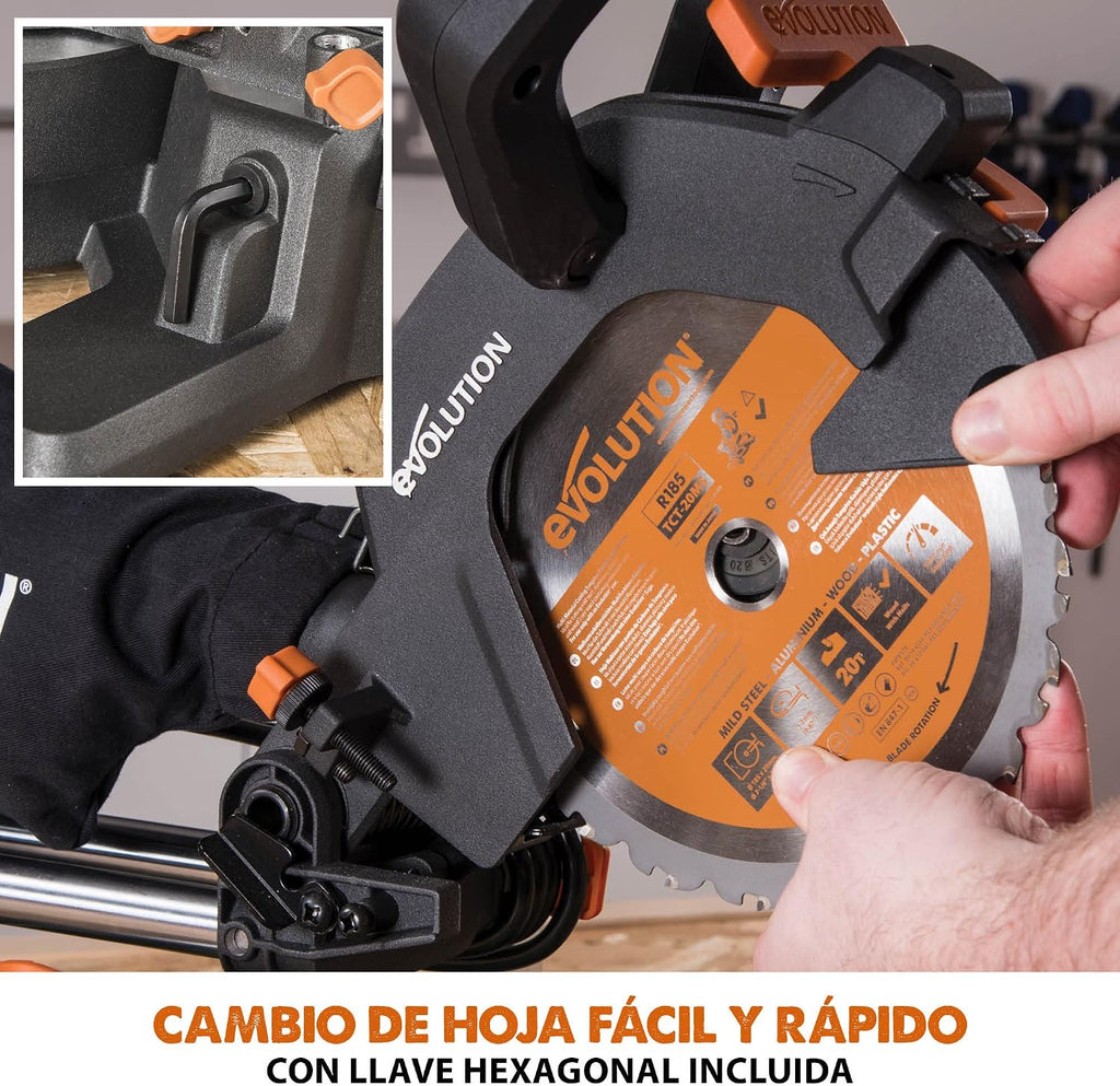 Evolution Sierra ingletadora deslizante de 185 mm (R185SMS+) de Evolution con corte multimaterial; bisel de 45°, inglete de 50°; guía láser. Incluye hoja multiusos