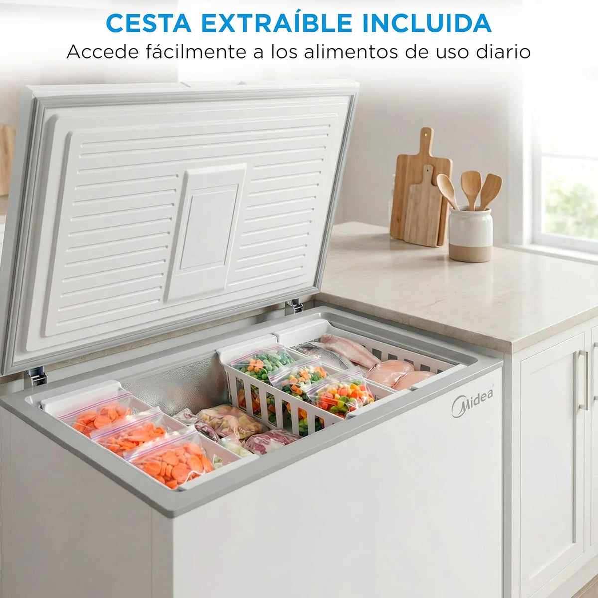 MIDEA Arcon Congelador Pequeño de 418L | Congelador Horizontal Convertible a Frigorífico con Motor Inverter, Control Electrónico de Temperatura, Cestas con Asa | Arcón Silencioso 41 db Bajo Consumo