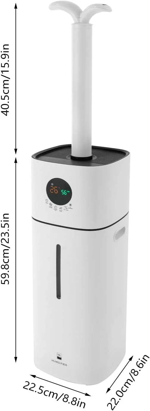 Humidificador para habitaciones grandes, relleno superior de 16 litros, pantalla LED ultrasónica, temporizador de 1-12 horas, humedad ajustable, superficie utilizable 30-100 m², blanco