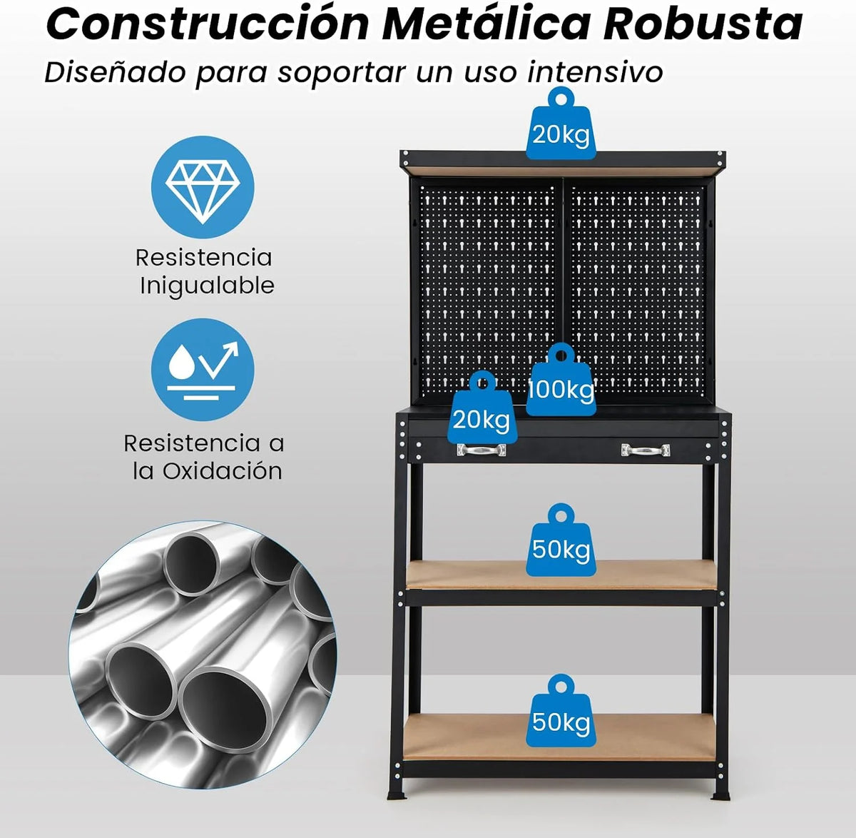 COSTWAY Banco de Trabajo con Tablero Perforado, Banco de Trabajo para Almacenamiento de Herramientas con Estantes y Cajones, 14 Accesorios para Colgar, Mesa de Trabajo para Garaje (Negro y Azul)