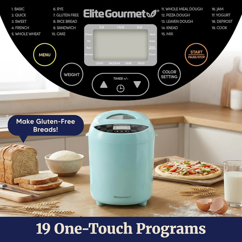 Elite Gourmet EBM8103M - Máquina programable para hacer pan, 3 tamaños de pan, 19 funciones de menú, sin gluten, trigo blanco, centeno francés y más, 2 libras, menta