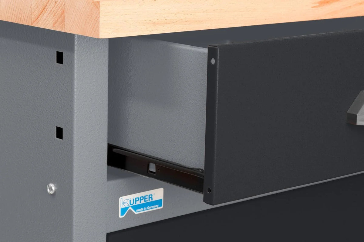 Küpper Banco de Trabajo 12040, 5 cajones, 1 Puerta, Carga de 300 kg, encimera de Haya Maciza de 30 mm (Negro, 120 x 84 x 60 cm)