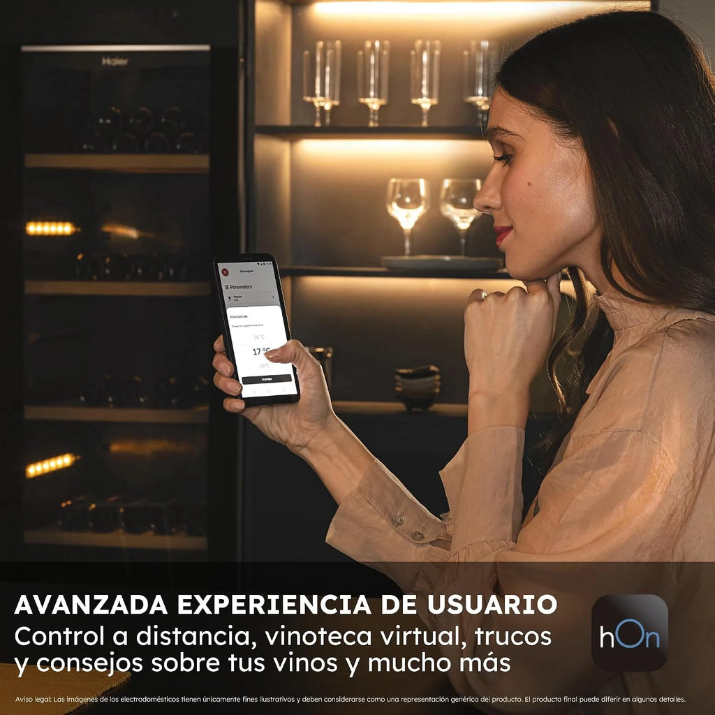 Haier Wine Bank 50 Series 3 HWS34GGH1 - Vinoteca 34 botellas, WIFI, Estantes de madera, Cristal Anti-UV, Filtro de carbón, Display Digital, Iluminación LED, Silenciosa 37 dbA, Negra