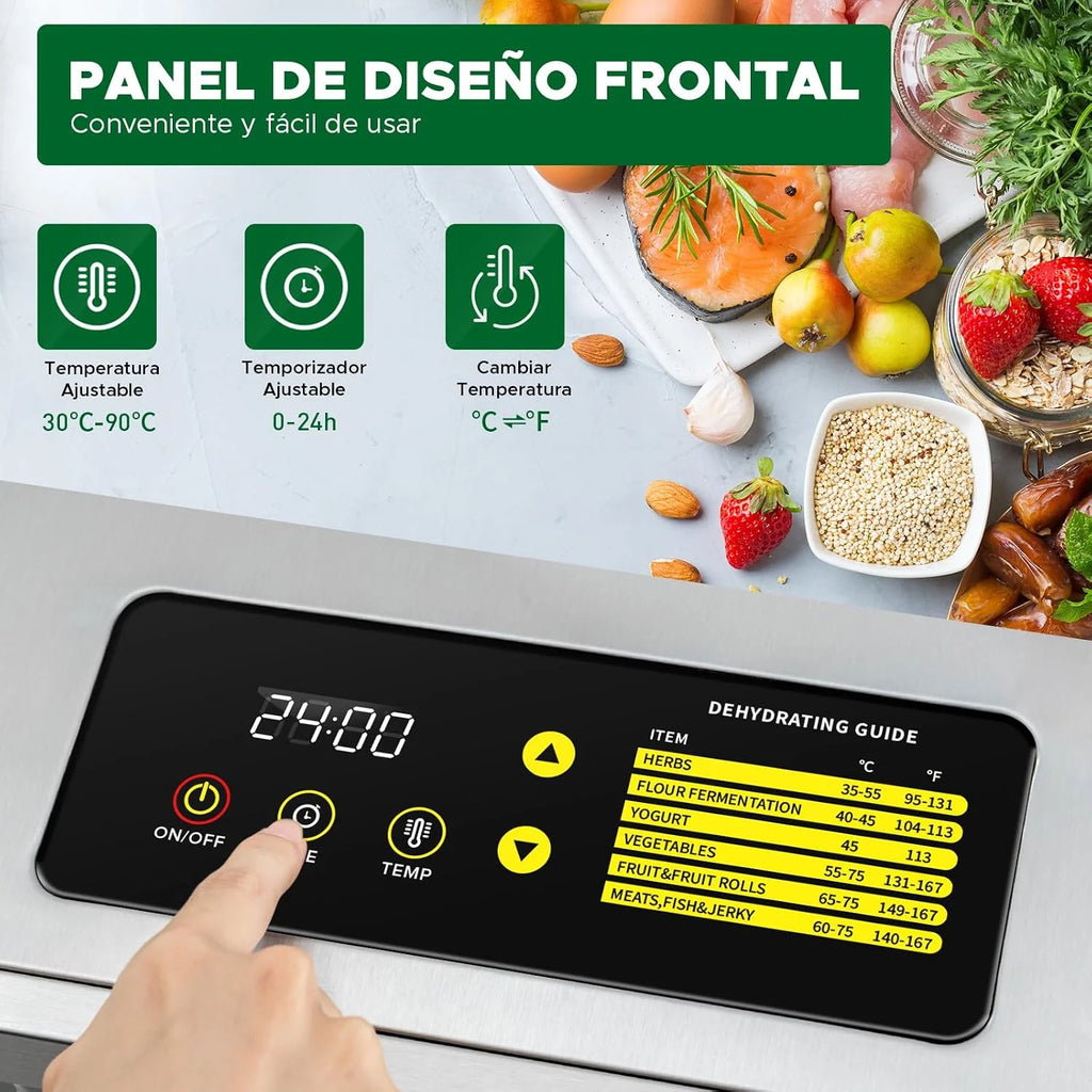 Kwasyo Deshidratador de Alimentos de Acero Inoxidable con 12 Bandejas, Secado eficiente de 360° con doble ventilador, Temporizador 24 horas, Temperatura: 30 a 90℃, deshidrata fruta, carne, verduras