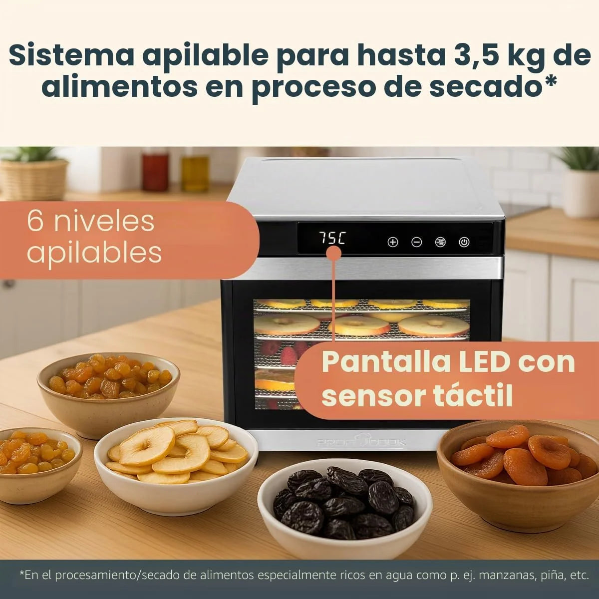 Proficook PC-DR1218 Deshidratador de Alimentos, 6 Bandejas Acero Inoxidable, Temperatura Ajustable 35-75°C, Temporizador 30 min - 24 h, Seca Frutas, Verduras, Carne, Hierbas