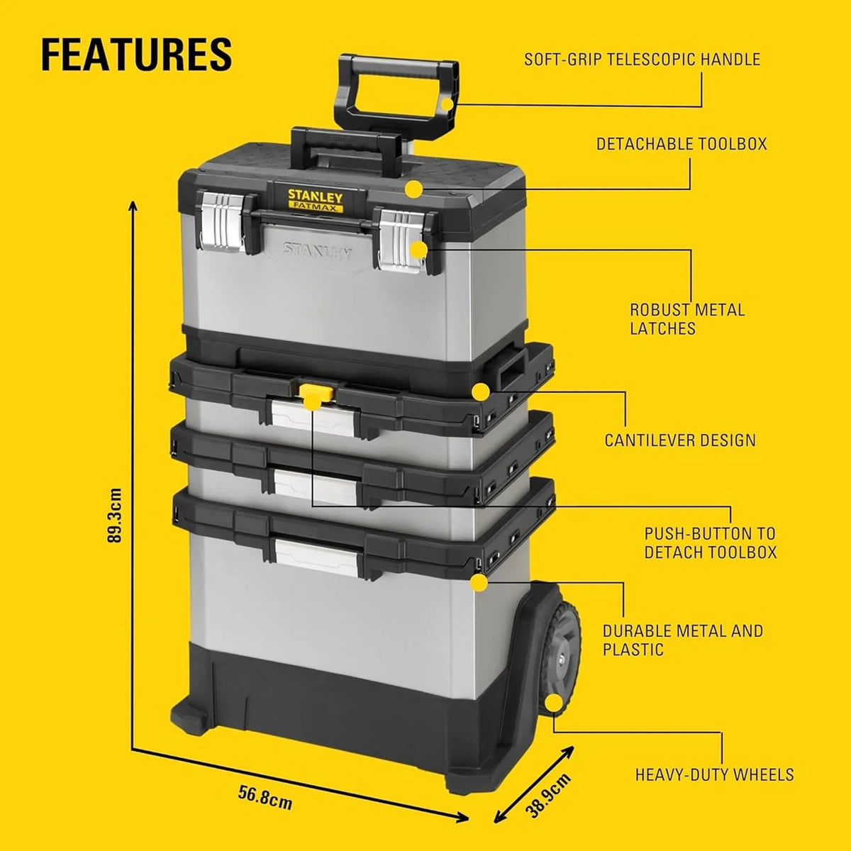 STANLEY FATMAX Taller Móvil Metálico, Carro de Herramientas, Caja Versátil para Piezas Pequeñas y Grandes, Ruedas 17cm, Cierres Metálicos Antioxidantes, 1-95-622