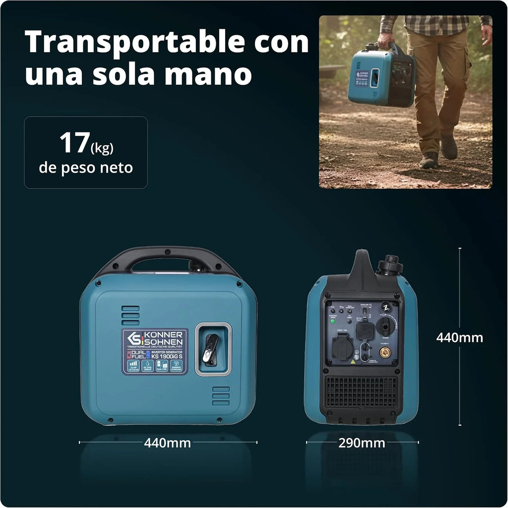 Generador inversor Könner & Söhnen KS 1900iG S LPG de 2,0 kW, combustible dual, generador de corriente inversor Eco-Mode, de gasolina para uso en exteriores, de gasolina, Euro-5