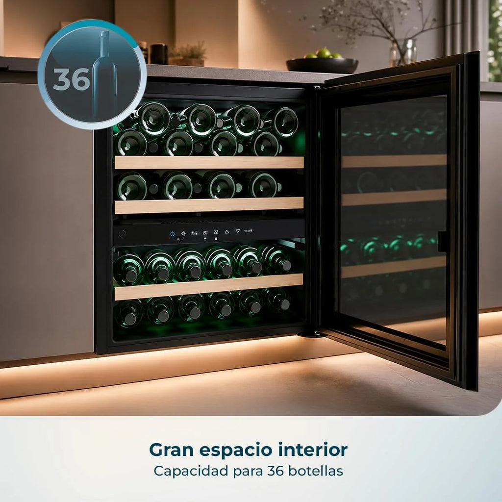 Cecotec Vinoteca Integrable 36 Botellas 60x60cm con Compresor Bolero GrandSommelier Duo 36000 Touch Matt Black Compressor. Apertura con Sensor Táctil, Doble Zona Temperatura, Display, Estantes Madera