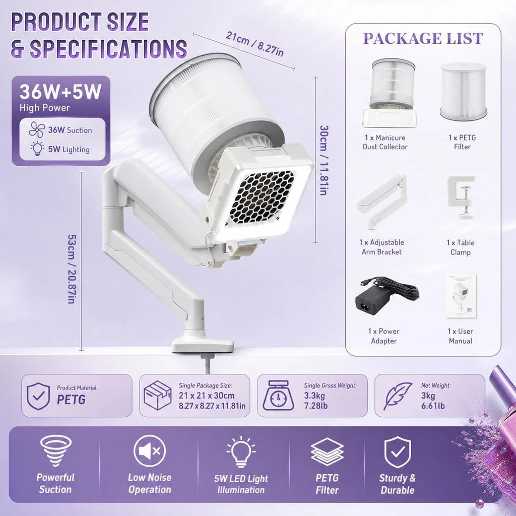 Colector De Polvo Profesional, Colector De Polvo Al VacíO Con Led, Rejilla Alveolar Y Gran 360° Filtro CilíNdrico, Brazo Orientable Para AcríLico, Gel Y Polvo Fino Dar Forma Retirar Esculpidas