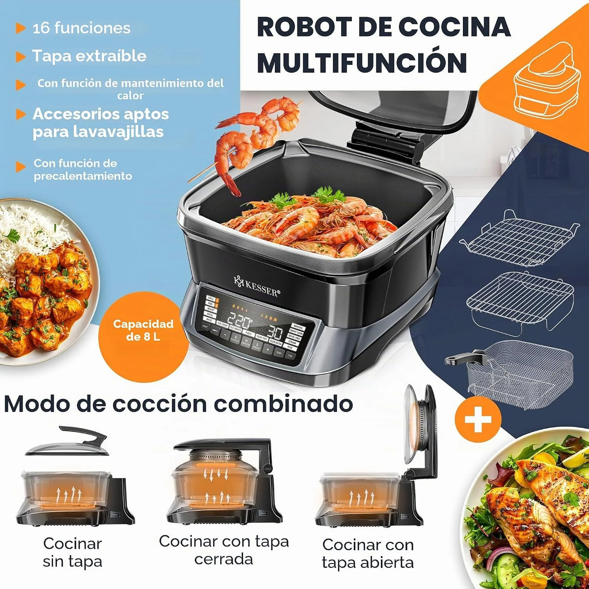 KESSER Multicocina con freidora de aire caliente, 8 L y 16 programas, dispositivo de cocina – Grillen, hornear, guisar, cocinar al vapor, función de precalentamiento y mantenimiento del calor