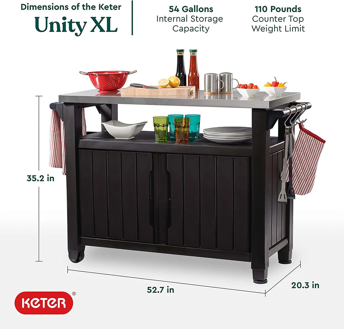 2025 Carro móvil de patio Keter Unity XL – Mesa de cocina exterior resistente a la intemperie con superficie de trabajo de acero inoxidable, espacio de almacenamiento con cerradura y accesorios