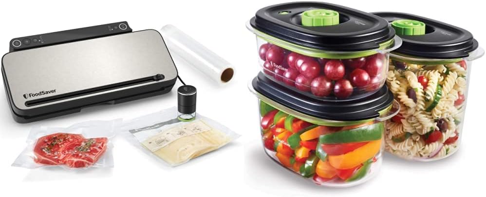 FoodSaver Premium VS3190X Envasadora al vacío, 1 Rollo, 4 bolsas & 4 bolsas con cierre tipo zip, Acabado plata y negro + Recipiente para conservar y marinar al vacío