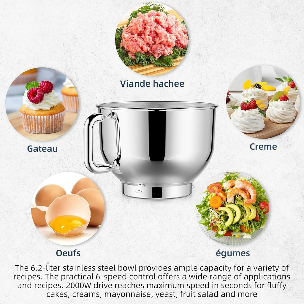 CHeflee Batidora Amasadora Profesional,2000W Amasadora Pan Repostería,6.2 L Bajo Ruido Robot de Cocina Multifunción,Gancho para Masa,Batidor Plano,Protección para Salpicaduras 6 Velocidades Batidora