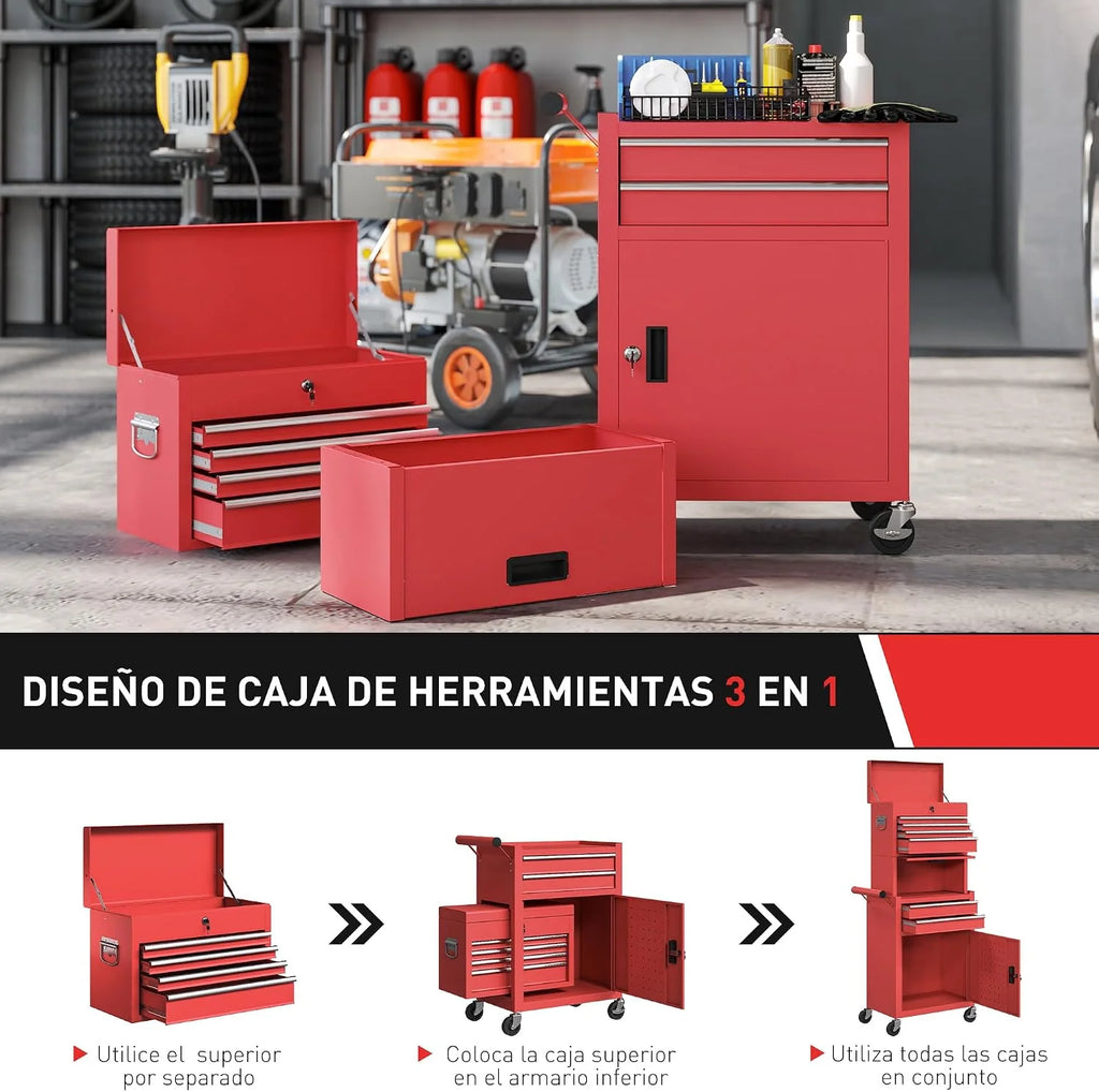 HOMCOM Carro de Herramientas con 6 Cajones y Cerraduras 3 en 1 Rojo