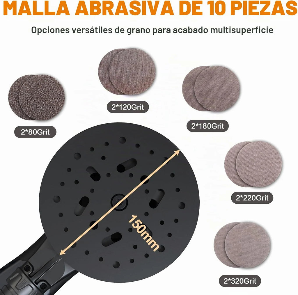 MAXXT lijadora excéntrica 150 mm, sin escobillas, conector tri-núcleo, carrera 5,0 mm, freno automático (2 s), 6 velocidades, incluye 10 lijas y cable 5 m.