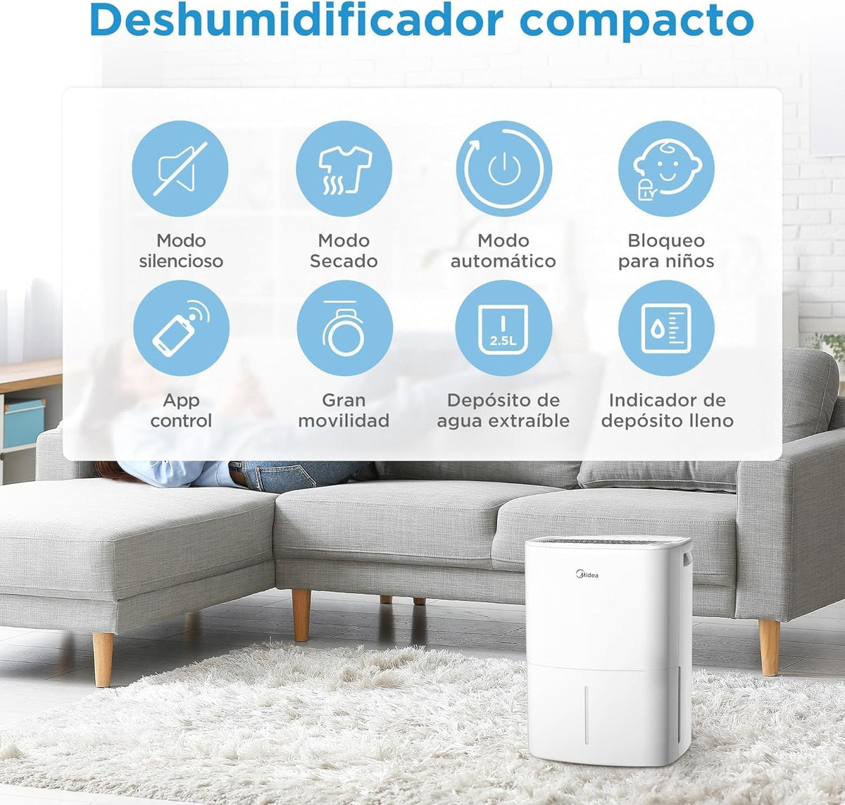 MIDEA Deshumidificador de Humedad Silencioso 12L/Dia | App/Wifi | 35 m2 | Deshumificadores para Humedades en Habitación con Depósito Extraible - Deshumificador Electrico Pequeño Bajo Consumo 300W