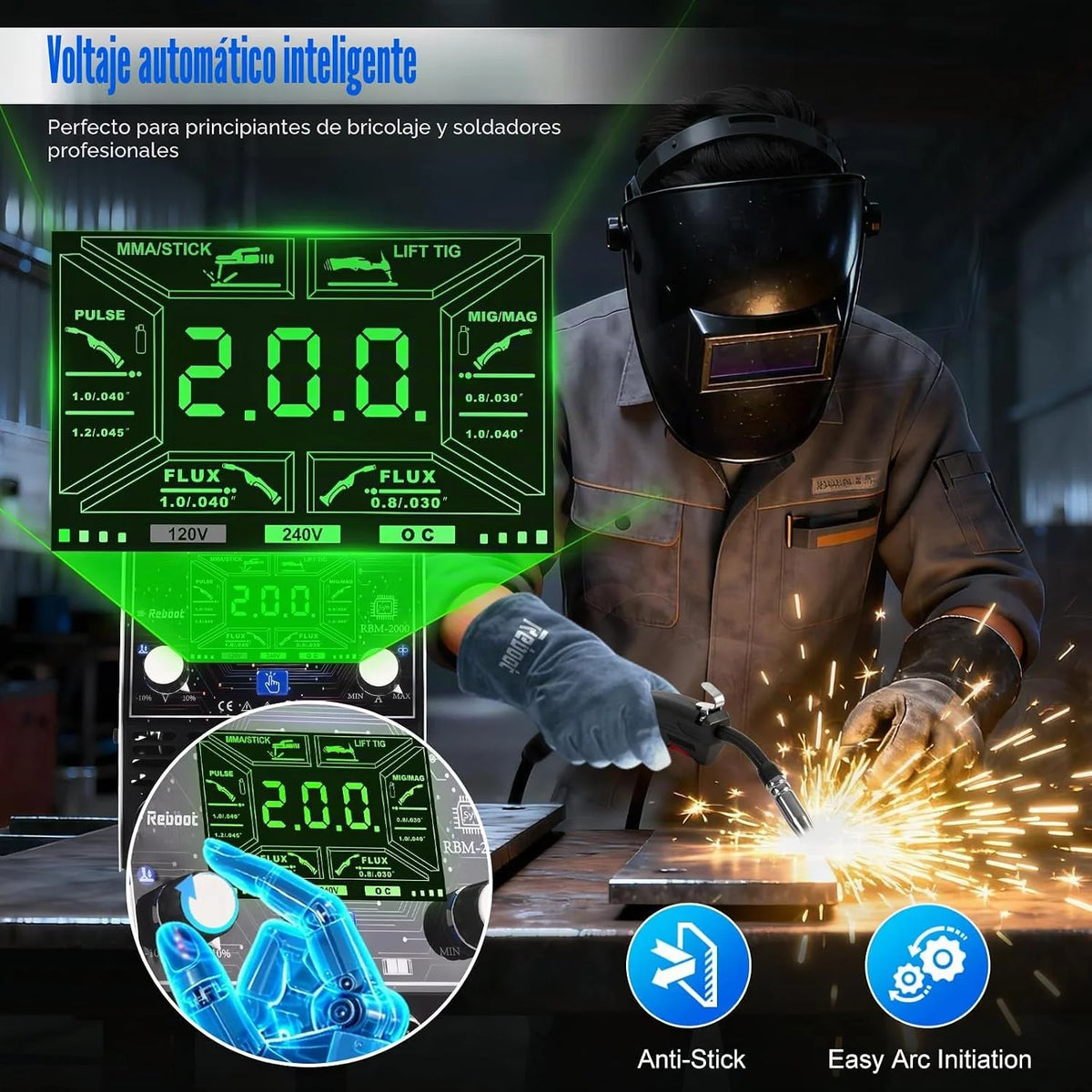 Soldador MIG 5 en 1 200A 240V LED Reboot RBM2000G