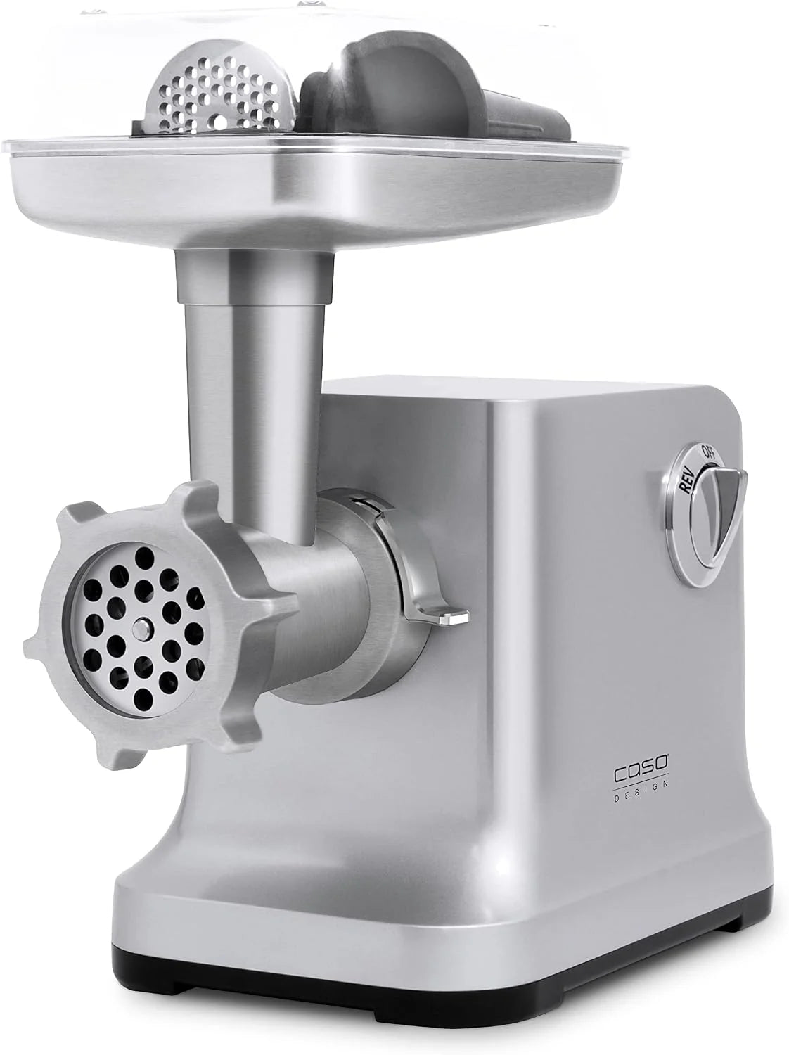 Caso FW2000 - Picadora de carne eléctrica, incluye galletas de salpicar, accesorio nominal, 800 W, 2000 W locked, aprox. 2kg/minuto, carcasa de aluminio fundido, potente motor, plateado
