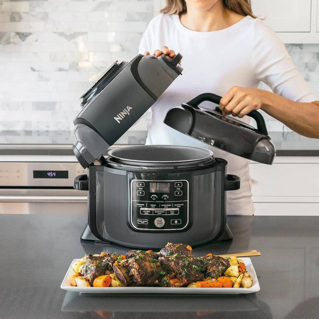 Ninja Foodi Olla eléctrica multifunción, 6 l, 7 funciones en 1, Olla a presión, Freír con aire, Cocción lenta, Parrilla y más, en acero galvanizado y negro, OP300EU
