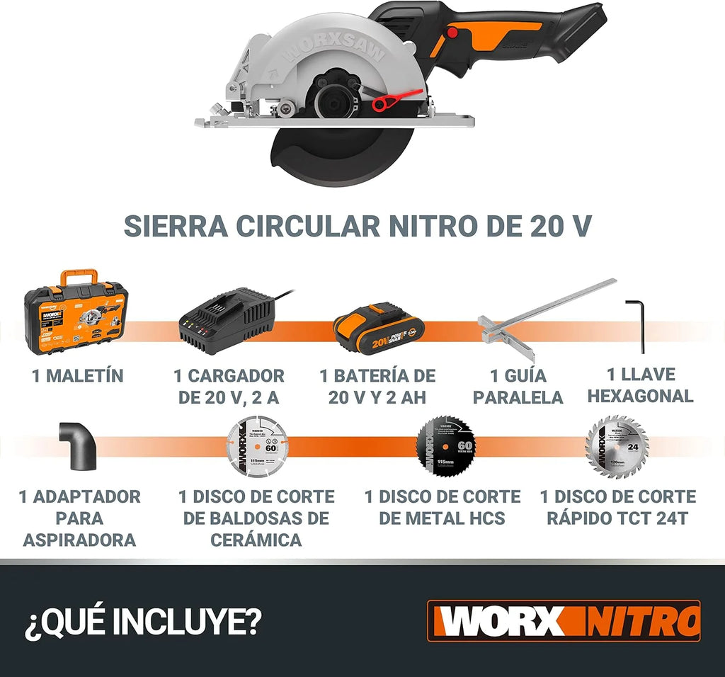 WORX Sierra circular Brushless WORXsaw XL 20V | PowerShare | WX531-1 batería 2Ah | Motor sin escobillas, diseño de cuerpo fino, rápido ajuste de profundidad