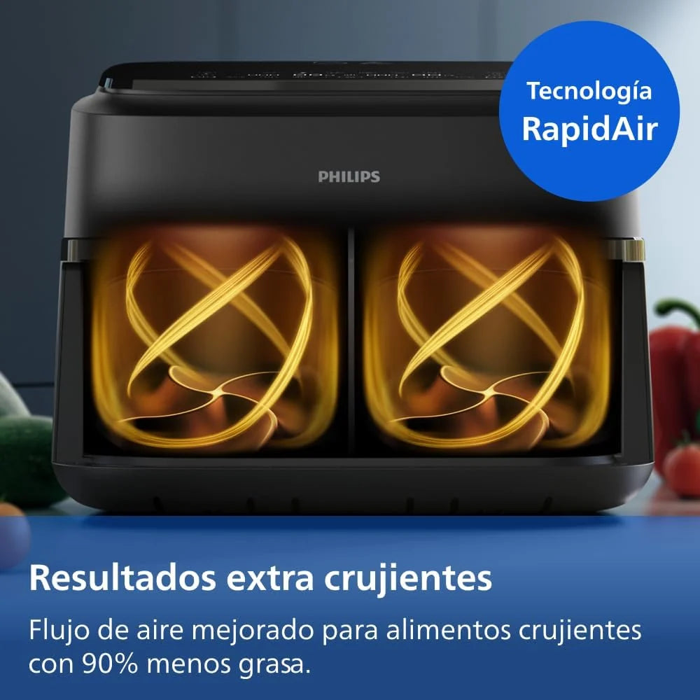 Philips 1000 Airfryer - Freidora de Aire doble cesta, 7,1L, 10 en 1, Negro