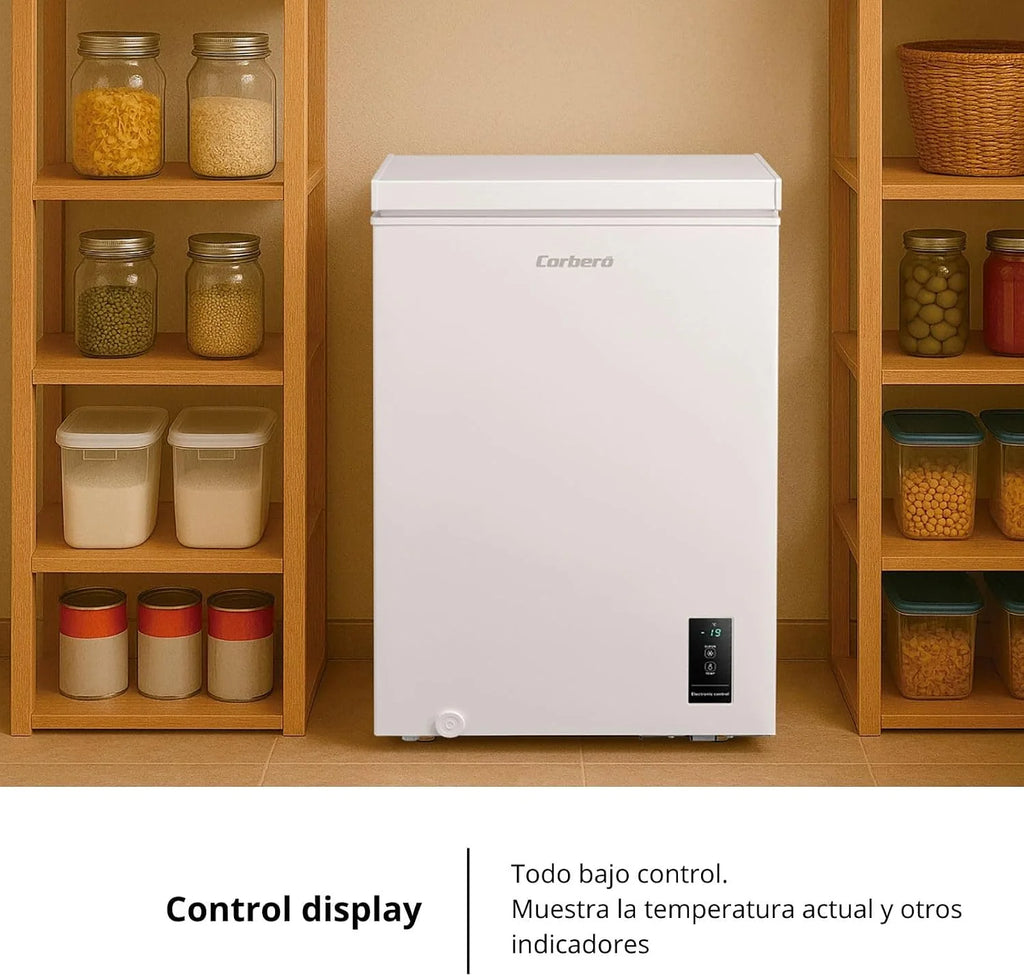 Corberó - Arcón Congelador Horizontal | CCHM1006M | 99L | 54,7cm x 84,9cm | Motor Inverter 38db | Sistema Dual | Súper Congelación | Control con Display | 1 Cesta |Blanco