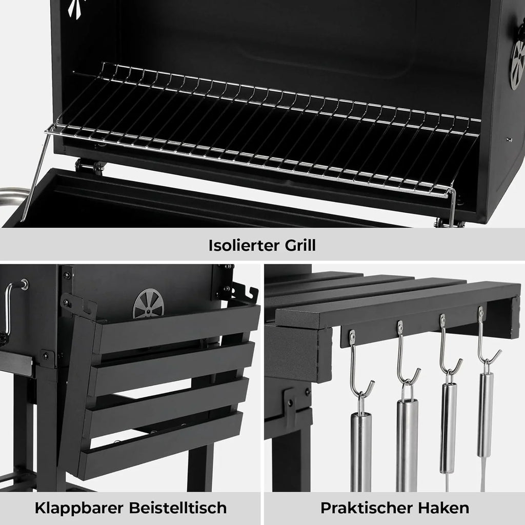 Barbacoa de Carbon XXL, Parrilla de Carbón con Chimenea y Tapa, Parrilla con Carrito BBQ Smoker con Ruedas y Termómetro, Grande BBQ Carbon para Camping y Jardín