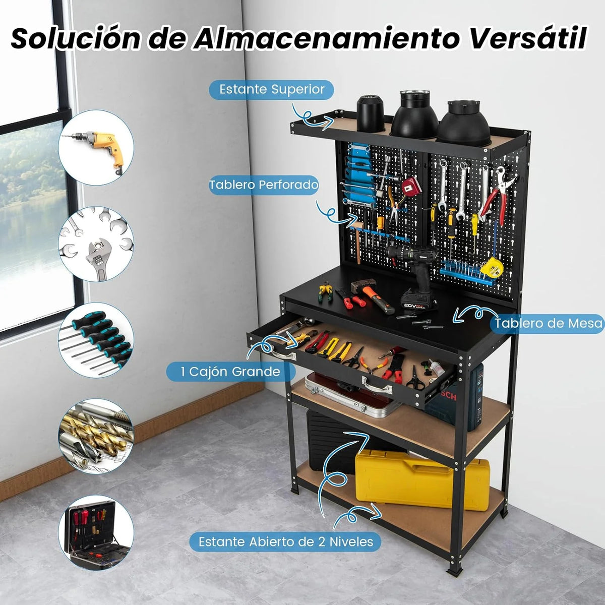 COSTWAY Banco de Trabajo con Tablero Perforado, Banco de Trabajo para Almacenamiento de Herramientas con Estantes y Cajones, 14 Accesorios para Colgar, Mesa de Trabajo para Garaje (Negro y Azul)
