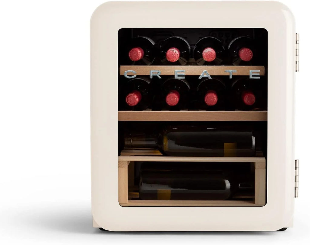 CREATE / WINECOOLER Retro M/Vinoteca eléctrica de 12 Botellas Blanco Roto/Diseño Retro, Temperatura Regulable, 48L, Botellas 75cl, Eco Friendly, 44x47,5x50 cm