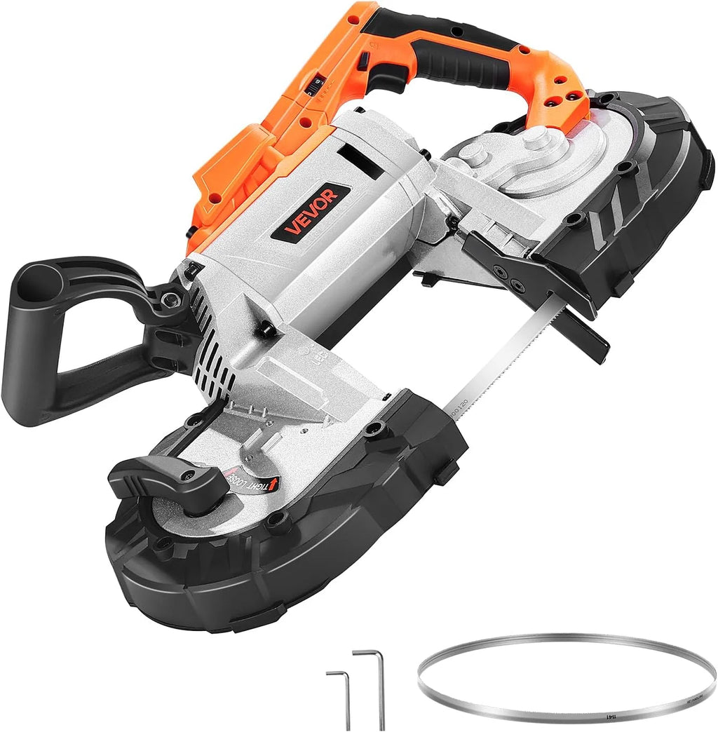 VEVOR Sierra de Cinta Portátil, Corte Profundo de 127 mm 360 W Motor sin Escobillas Sierra de Cinta Inalámbrica y Compacta con Ganchos, Velocidad Variable de 0-120 m/min para Cortar Metal y Madera