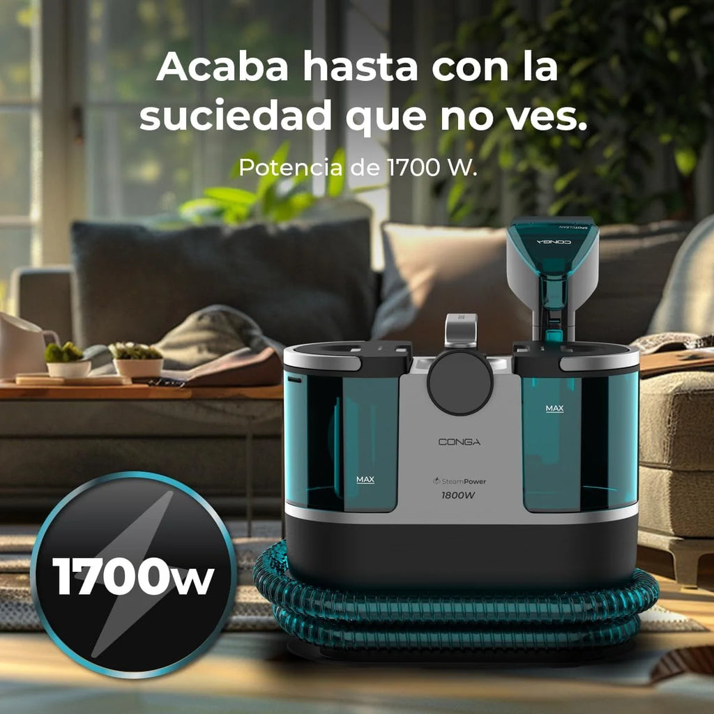 Cecotec Limpiador Aspirador de Tapicerias y Alfombras con Cable Conga 7000 Carpet&Spot Clean Steam Max. 1700W, Vapor, Depósito Agua Limpia 1600ml y Agua Sucia 950ml, Radio de Acción 9m