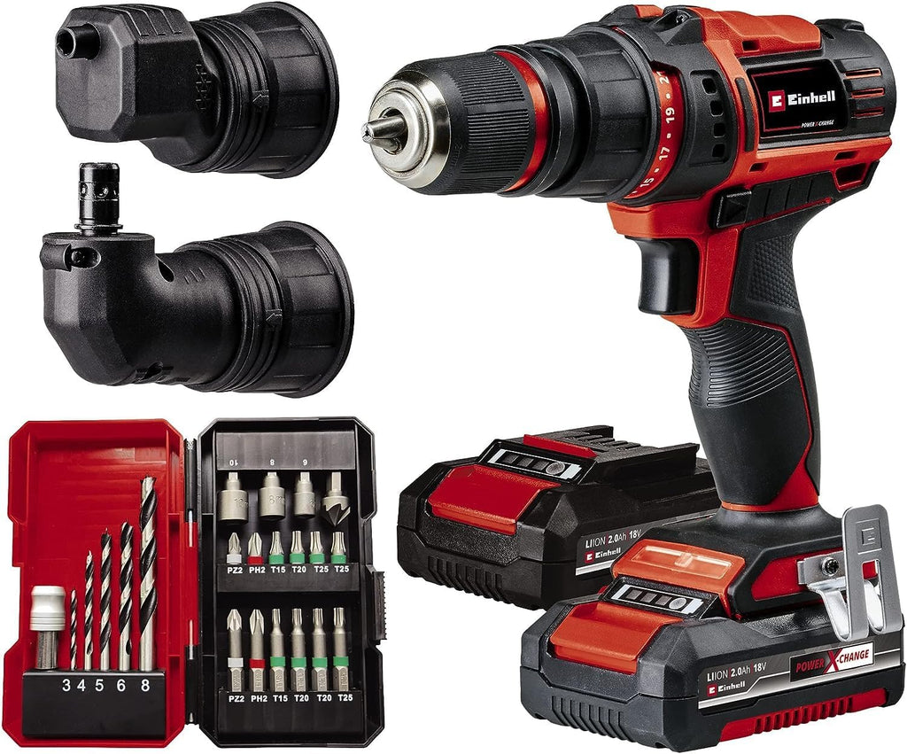 Einhell Taladro con batería TE-CD 18/45 3X-Li+22 Power X-Change (18 V, 45 Nm, portabrocas desmontable, pieza angular y excéntrica, set de puntas de 22 piezas, 2 baterías de 2,0 Ah, cargador + E-Box)
