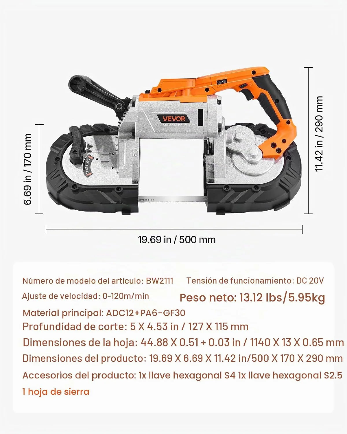 VEVOR Sierra de Cinta Portátil, Corte Profundo de 127 mm 360 W Motor sin Escobillas Sierra de Cinta Inalámbrica y Compacta con Ganchos, Velocidad Variable de 0-120 m/min para Cortar Metal y Madera