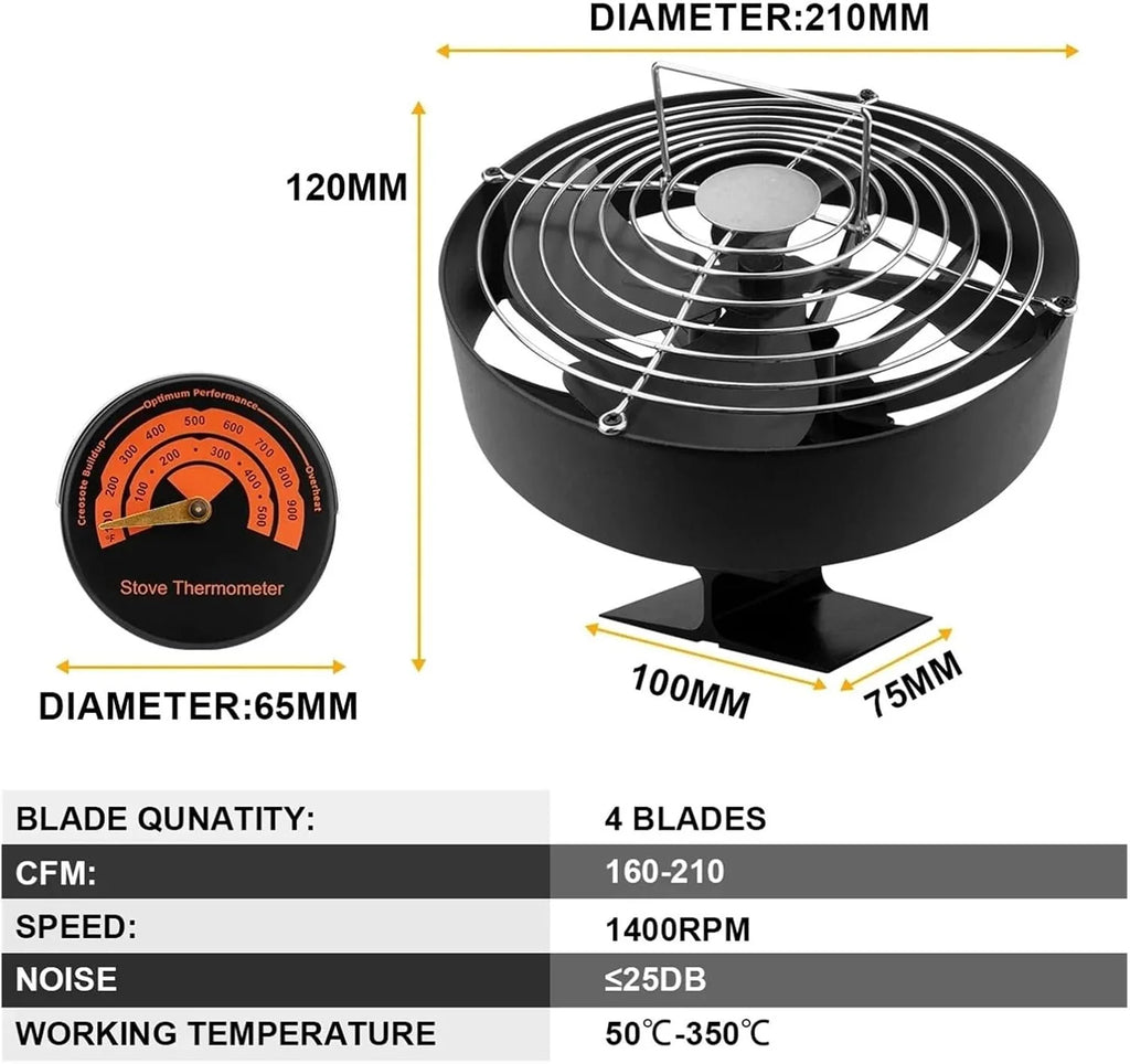 Ventilador de chimenea multifunción 4 aspas, color negro, for leña, ecológico y eficiente, con distribución calor for el hogar