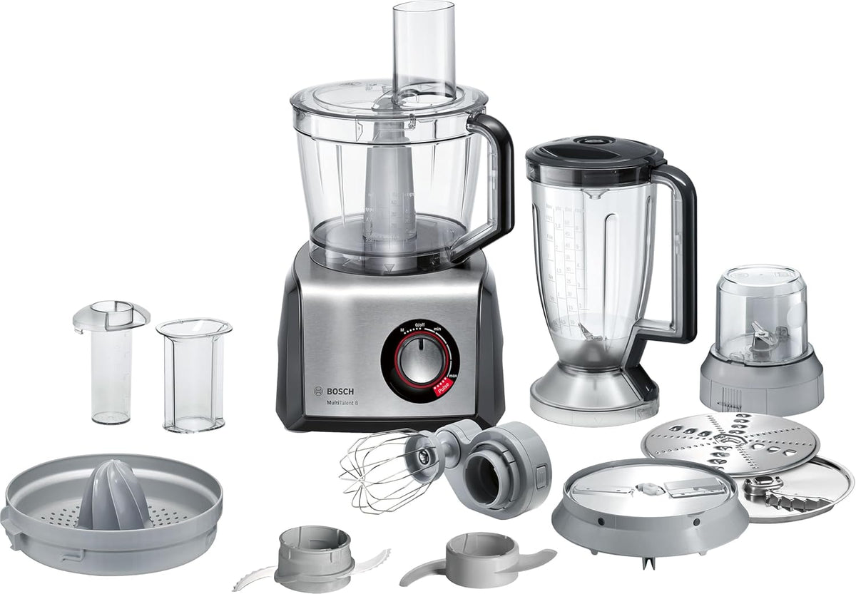 Bosch MultiTalent 8, Robot kuchenny z tarczą do frytek i młynkiem do ziaren, 1250 W, duża misa 3,9 l, mikser 1,5 l, wyciskarka do cytrusów, wyświetlacz LED, MC812M844, biały, szczotkowana stal