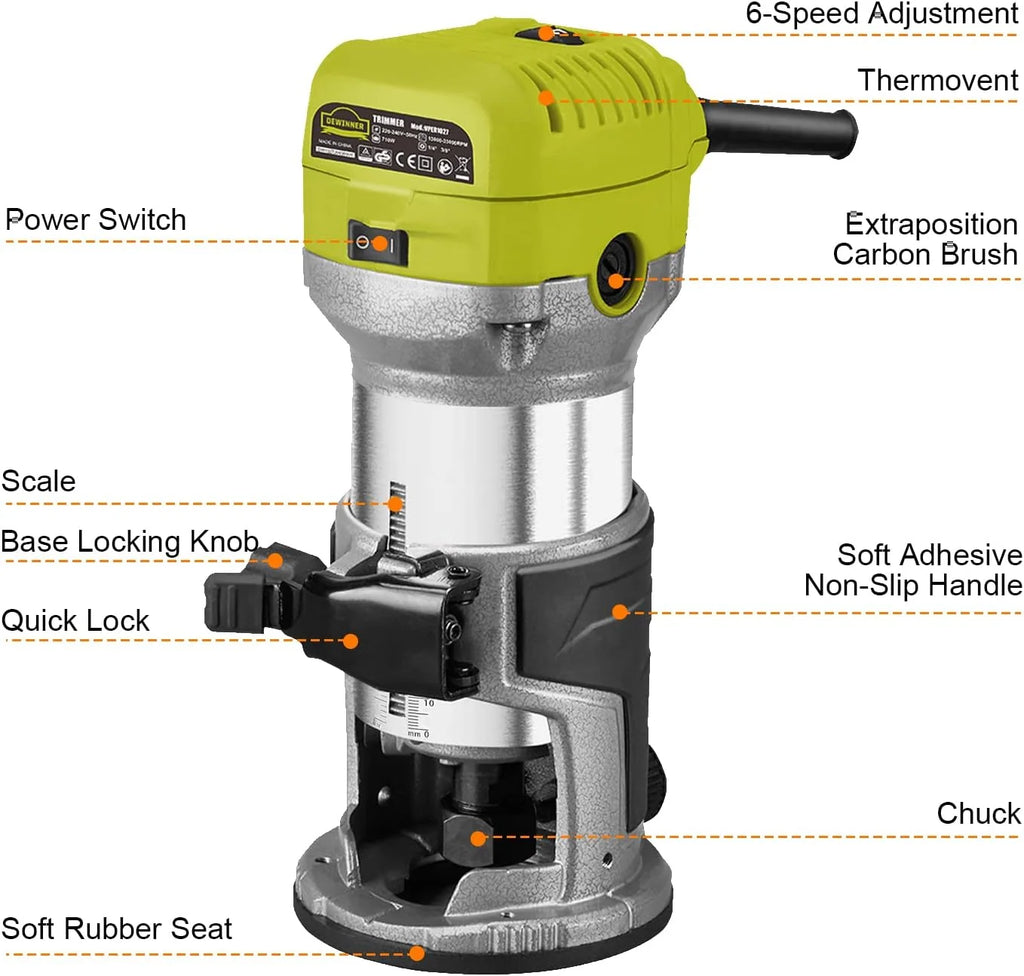Fresadora de Madera Rebajadora Eléctrica, DEWINNER Desmoladora Eléctrica compacta 220 V, 710 W, 3 Bases Incluidas, 3 Pinzas de 1/4 Pulgadas, 6 mm y 8 mm, 5 Fresas de Carburo