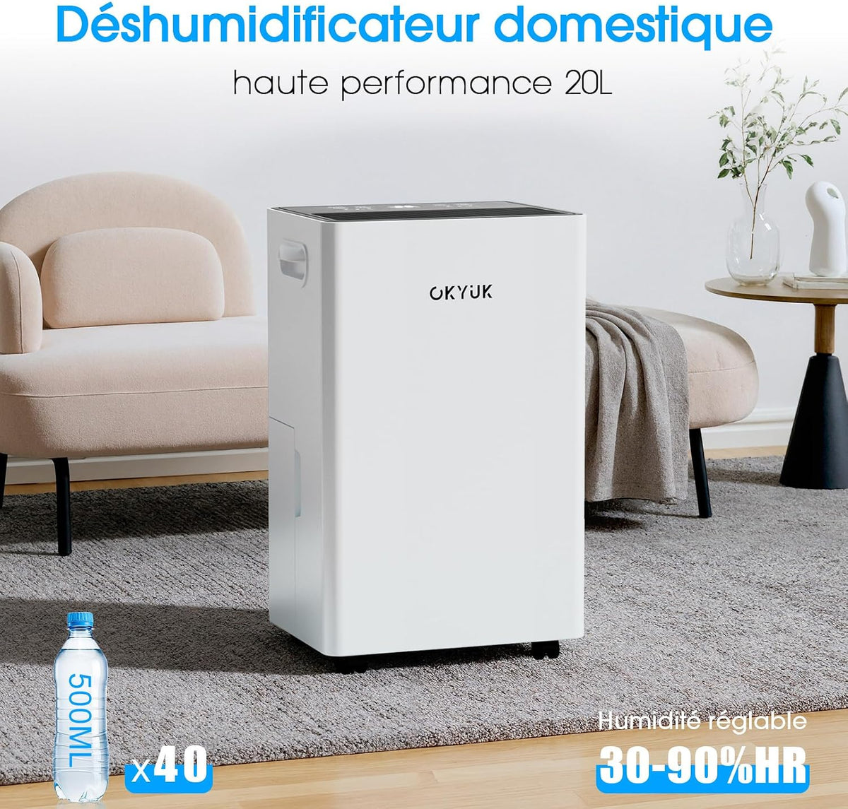 Deshumidificador 20L con Indicador Digital de Humedad,Deshumificadores de humedad Deshumidificador para Hogar hasta 60m² con Apagado Automático, Ideal para, Baños, Dormitorios, Sótanos (20L Blanco)