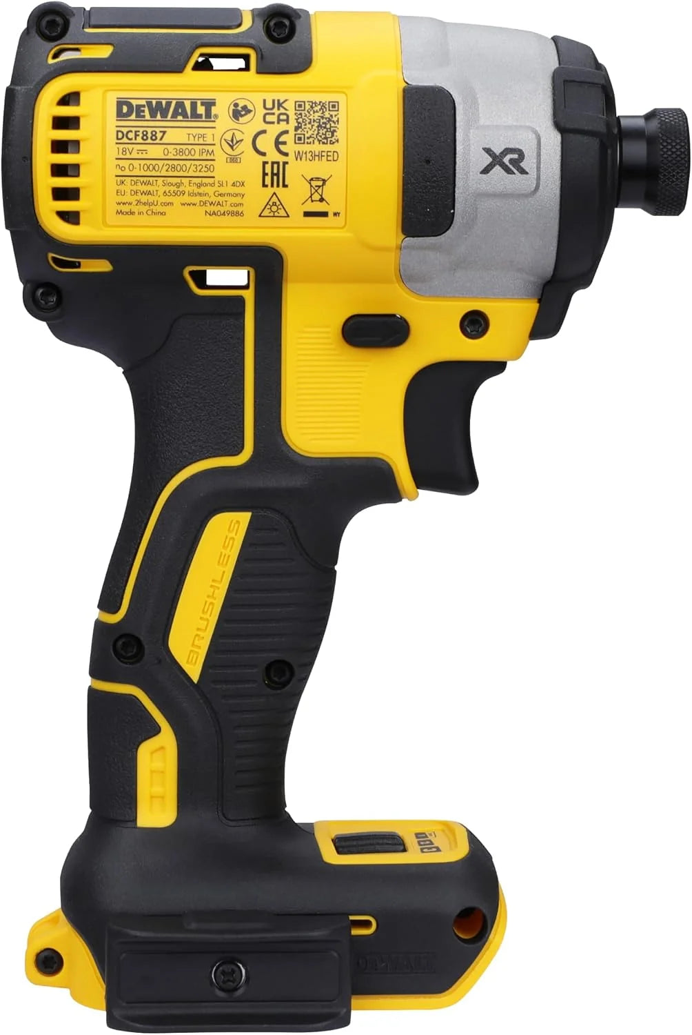 DEWALT DCF887N-XJ - Atornillador de impacto, Motor sin escobillas, 205 Nm de torque, Portapuntas de 1/4", Ligero y compacto, Sin Batería/Cargador