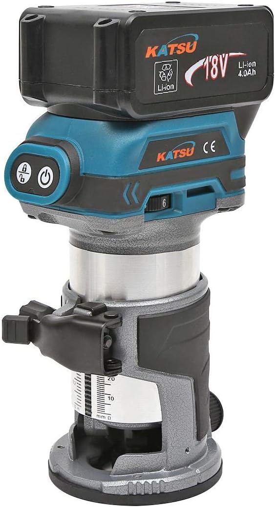 KATSU Juego de Fresadora de Madera Rebajadora Inalámbrica de 18 V con 3 Bases + 3 Pinzas de 6 mm, 8 mm y 10 mm + Batería 4.0 Ah y Cargador