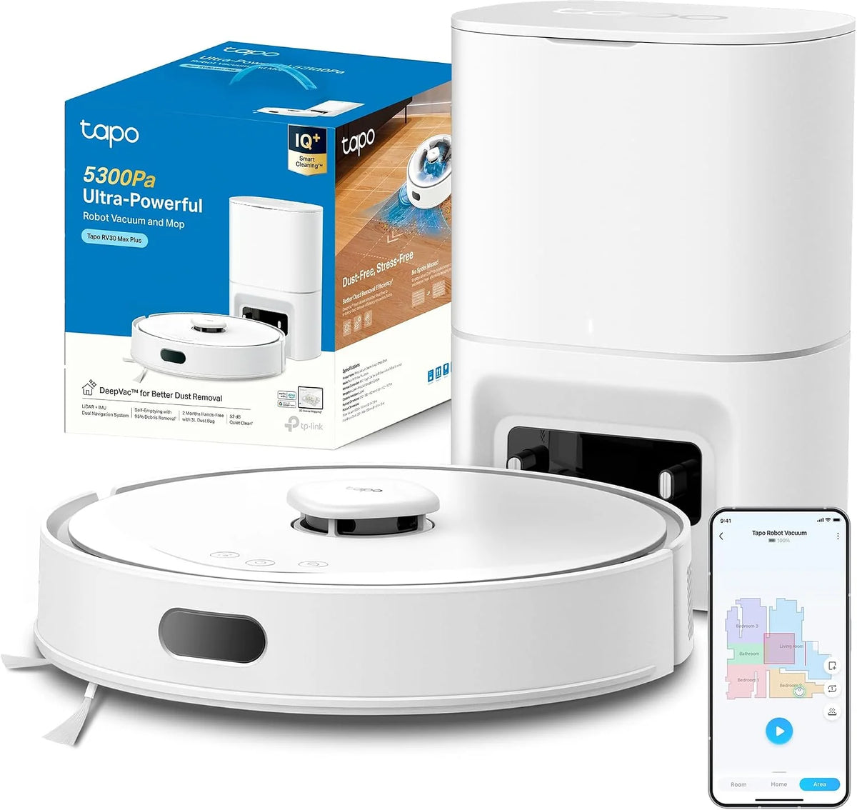 Tapo RV30 MAX Plus White-Robot Aspirador y Fregasuelos, Base Autolimpieza