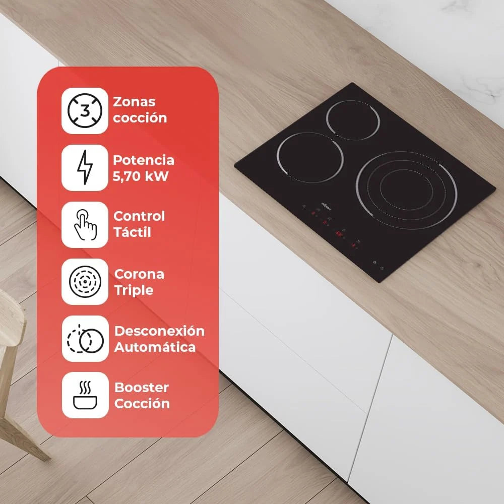 Nilson Placa de Inducción Cristal negro NI3600. Potencia máx. 7200 W, 3 Zonas de Cocción, 9 Niveles de Cocción, Control Táctil, Función Turbo, Bloqueo, Autodesconexión Seguridad, Diámetros 16-21-29 cm