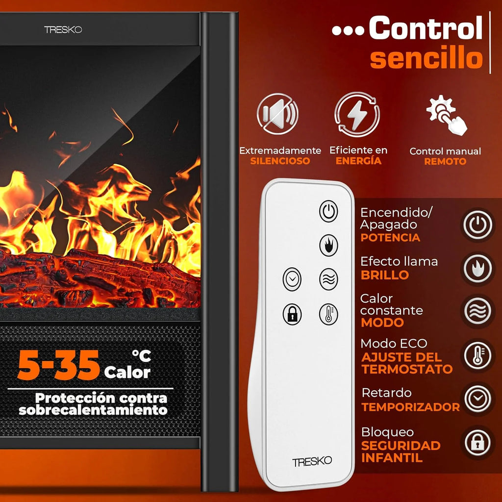 TRESKO Electric Fireplace Heating 2000 W, Smart Home WiFi App & Control | Electric Stove with LED Flame Effect and LCD Display | Electric Fireplace with Thermostat | Ventilated Heating
